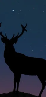 Silhouette deer in front of crescent moon and shooting stars against a night sky.