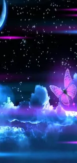 Mystical night sky with pink butterfly and clouds.