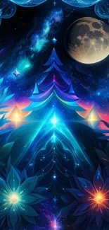 Vibrant night sky wallpaper with glowing moon and colorful cosmic elements.