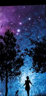 Silhouette under a starry night sky with trees and purple galaxy.