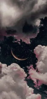 Crescent moon with night sky and clouds background.