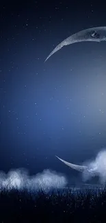 Mystical night sky with moon and stars on a deep blue background.