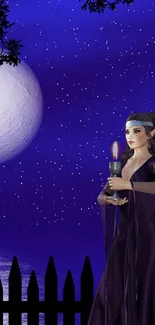 Mystical woman under a starry moonlit night holding a candle.