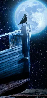 Raven on a ship with a full moon and starry night sky.