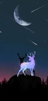 Glowing deer under a moonlit sky with shooting stars and a crescent moon.