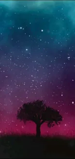 Silhouetted tree under a starry, mystical purple sky.