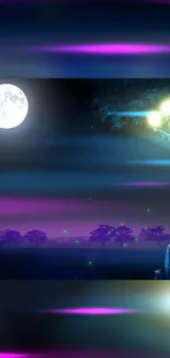 A mystical night sky with a bright full moon and purple hues, featuring a lone silhouette.