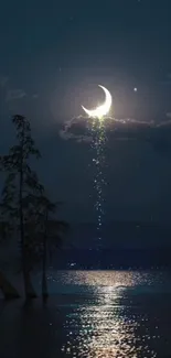 Crescent moon over a tranquil nighttime lake scene.