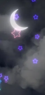 Wallpaper with crescent moon and neon stars in a dark night sky.