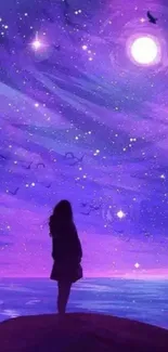 Silhouette under a starry purple night sky with moon over the sea.