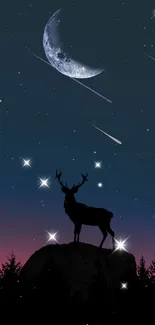 Silhouetted deer under a starry night sky with a crescent moon.