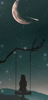 A serene night sky with moon and shooting star, featuring a swing silhouette.