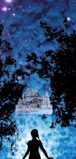 Silhouette of a girl beneath a cosmic night sky with a snowy cottage.