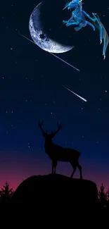 Silhouette of stag with dragon above in a mystical night sky with twilight colors.