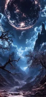 Mystical landscape under a cosmic night sky with glowing moon and mountains.