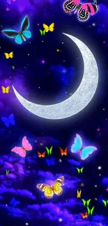 Night sky with a crescent moon and colorful butterflies in a mystical scene.