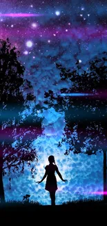 Silhouette of person under a cosmic starry night sky with trees.