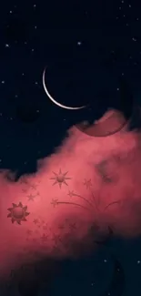 Mystical night sky wallpaper with crescent moon and pink cloud.