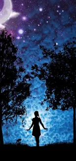 Silhouette under a moonlit indigo sky with stars and trees in the foreground.