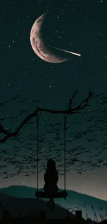 Silhouette on swing under starry night sky with crescent moon and shooting star.