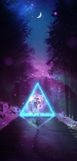 Neon triangle with cosmic night sky and forest path.