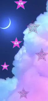 Night sky wallpaper with pink stars and crescent moon over fluffy clouds.