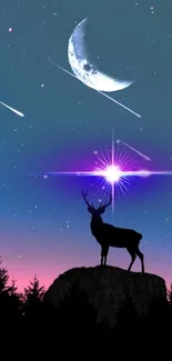 Deer silhouette under crescent moon and shooting stars in mystical night sky.