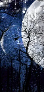 Mystical night sky with trees and glowing moon wallpaper.