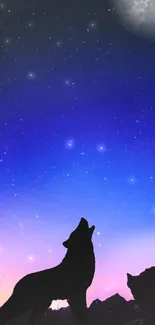 Silhouette of a wolf howling under a starry night sky with a glowing moon.