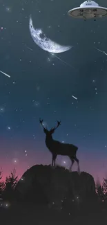 Deer silhouette against a mystical night sky with moon and UFO.