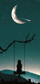 Silhouette on swing under crescent moon and stars in tranquil night scene.