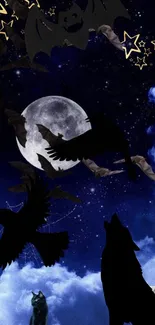 Mystical night sky with bats, moon, and a wolf silhouette.