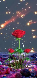 Vibrant red roses under a starry night sky with purple and colorful hues.