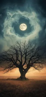 A mystical night sky with a lone tree under a bright full moon.
