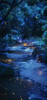 Mystical night stream with glowing fireflies and lush greenery.