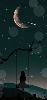 Silhouette on swing with crescent moon and stars in background.