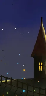 Mystical night scene with a tower and stars on a mobile wallpaper.