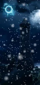 Mystical tower under moonlight with snowfall.