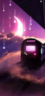 Night train in dreamy landscape with crescent moon and purple mist.