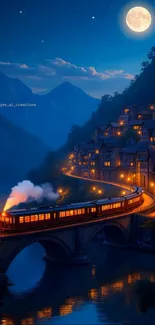 A train crosses a bridge illuminated by village lights under a full moon.
