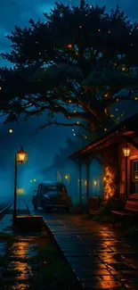 Mystical night train station with lanterns and a tree.