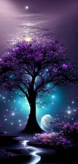 Mystical night with luminous tree and purple hues in wallpaper.