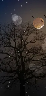 Silhouetted tree against a moonlit night sky with birds.