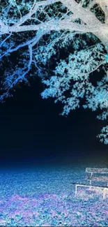 Enchanting tree and bench under a starry blue night sky.