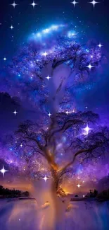 Mystical purple night sky with luminous tree silhouette and stars.