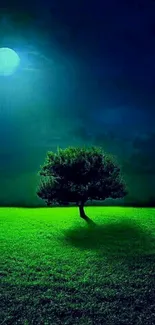 Lone tree under moonlit night sky, surrounded by green field.