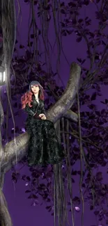 Woman in black on purple tree with lantern.