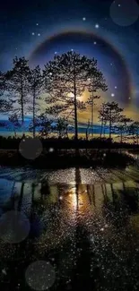 Mystical trees silhouetted against a vibrant night sky with reflections.