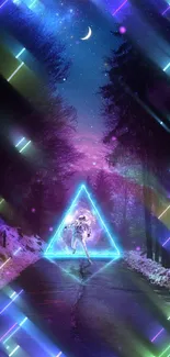 Futuristic neon triangle in a mystical night setting with cosmic elements.