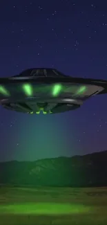 UFO hovers in a starry night sky, casting a green glow.